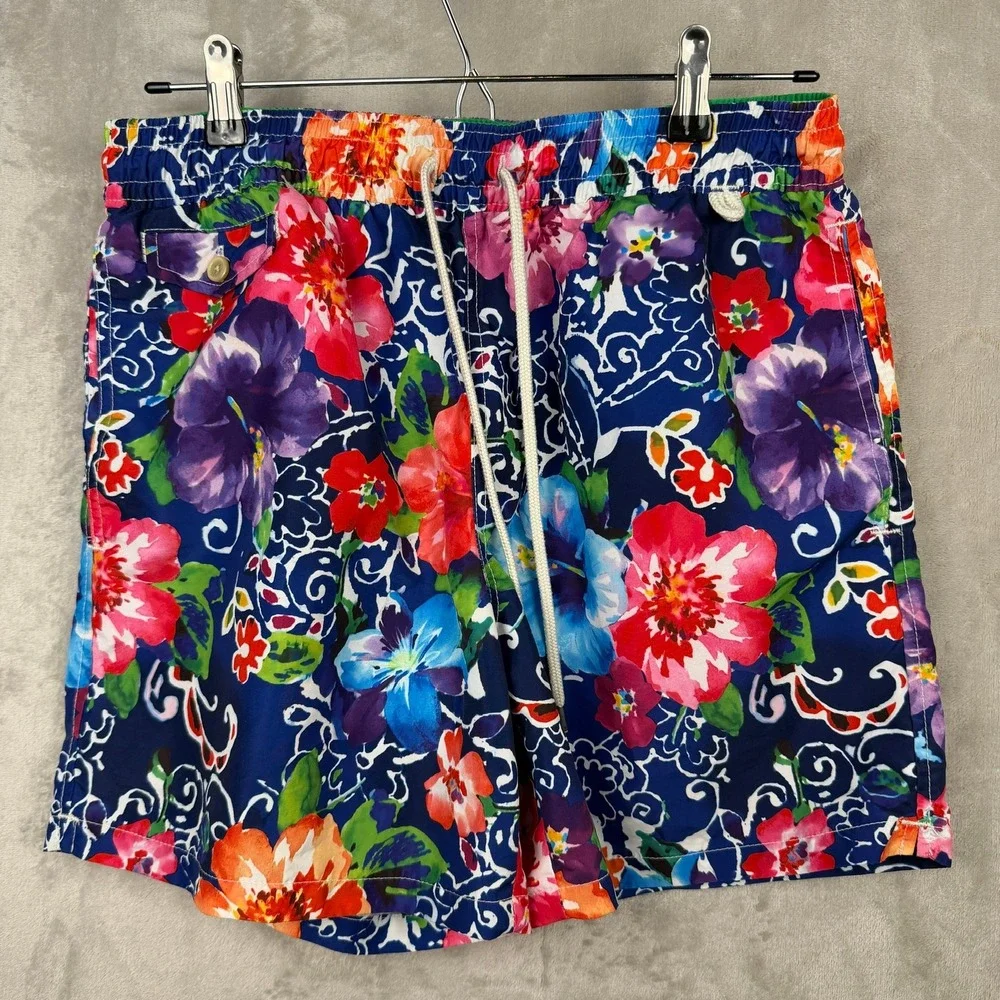 Polo Ralph Lauren Mens Floral Hibiscus Swim‎ Trunks Navy Blue Tropical Shorts 30
